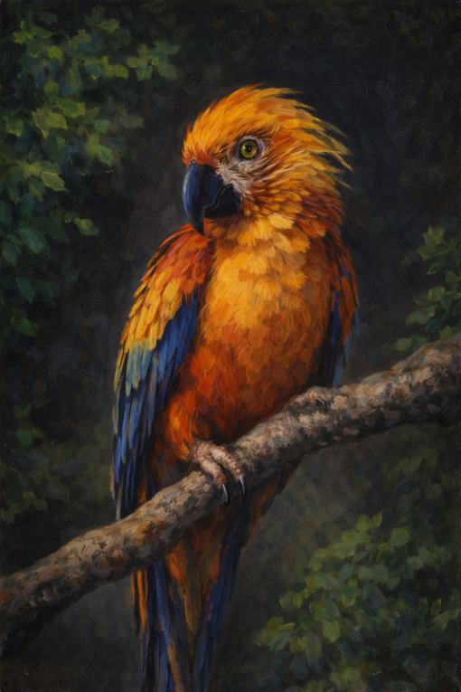 Hand-Painted Golden Parrot Oil Painting on Canvas – Museum Quality Bird Wall Art