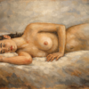 Classic Reclining Nude Female Oil Painting – Hand-Painted Impressionist Figure Wall Art 2 A serene, hand-painted oil painting of a classical reclining nude female sleeping peacefully on a white pillow, featuring soft impressionist brushstrokes on linen canvas.