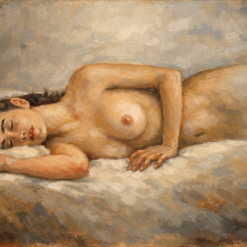 A serene, hand-painted oil painting of a classical reclining nude female sleeping peacefully on a white pillow, featuring soft impressionist brushstrokes on linen canvas.