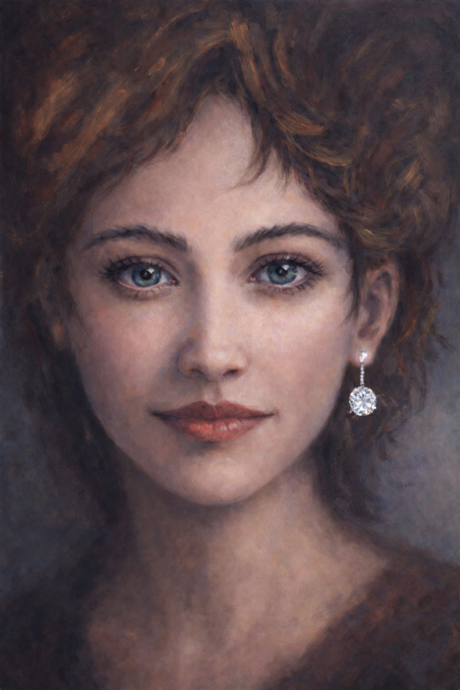 Classic Female Portrait Oil Painting with Diamond Earring – Hand-Painted Realism Art