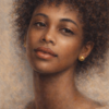 Hand-Painted African American Female Portrait Oil Painting – Contemporary Realism Wall Art 1 A highly detailed, hand-painted classical oil portrait of a beautiful young Black woman with natural curly hair and glowing skin, wearing gold earrings, painted on premium linen canvas.