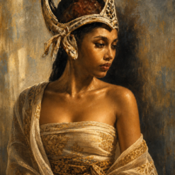 A highly detailed, hand-painted classical oil portrait of a beautiful Southeast Asian woman wearing a traditional gold headdress and patterned sheer fabric, featuring rich impasto textures and dramatic lighting.