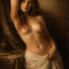 Classic Semi-Nude Female Oil Painting – Hand-Painted Academic Realism Figure Art 1 A stunning hand-painted classical oil painting of a beautiful semi-nude young woman with long wavy hair, gracefully draped in a white cloth, featuring soft chiaroscuro lighting on premium linen canvas.