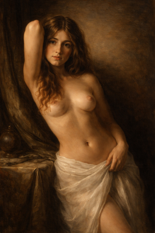 Classic Semi-Nude Female Oil Painting – Hand-Painted Academic Realism Figure Art