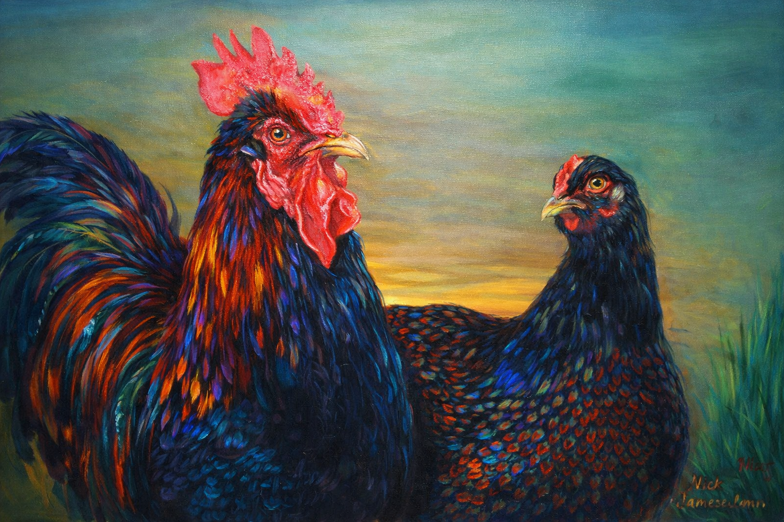 Hand-Painted Rooster and Hen Oil Painting – Farmhouse Kitchen Wall Art