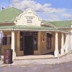 Handmade oil painting reproduction of John Kramer style AC Osman General Dealer historic building shopfront on linen canvas.