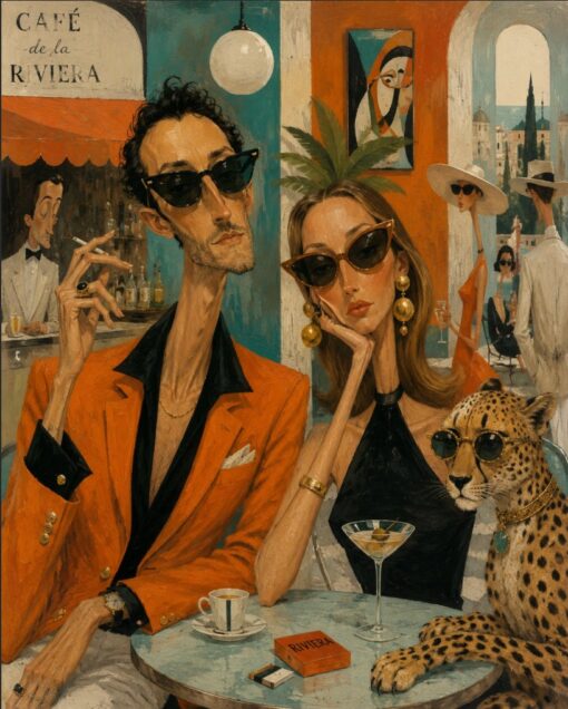 Hand-Painted Retro Modern Portrait Oil Painting: Café de la Riviera & Cheetah | Museum-Quality Commission