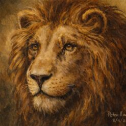 A museum-quality, hand-painted classical oil portrait of a majestic male lion with a full mane, featuring rich earthy tones and detailed brushwork on premium linen canvas.