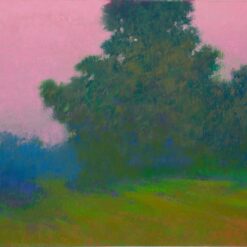 A beautifully hand-painted contemporary impressionist oil painting of a lush green tree line against a striking, vibrant pink sky, crafted on premium linen canvas.