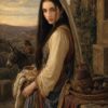 The Maiden at the Village Gate - 100% Hand-Painted Classical Oil Painting 1 Classical oil painting of a maiden in traditional veil holding a bread basket with a rustic golden-hour village background