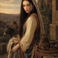 Classical oil painting of a maiden in traditional veil holding a bread basket with a rustic golden-hour village background