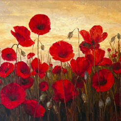 Heavy texture hand-painted red poppy flowers oil painting on canvas with golden sunset background