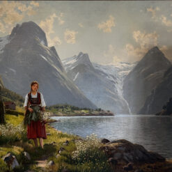 Classical hand-painted European oil painting of a traditional girl holding wildflowers by a mountain fjord lake and glacier background
