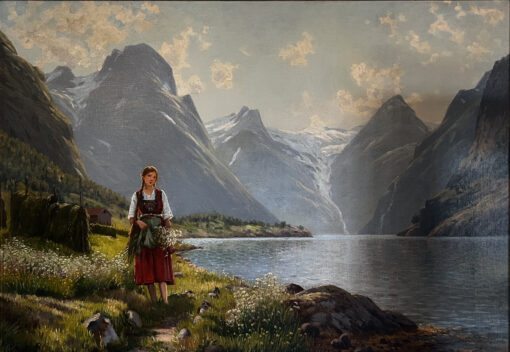 Hand-Painted European Landscape Oil Painting Traditional Girl by Alpine Mountain Lake Canvas Wall Art