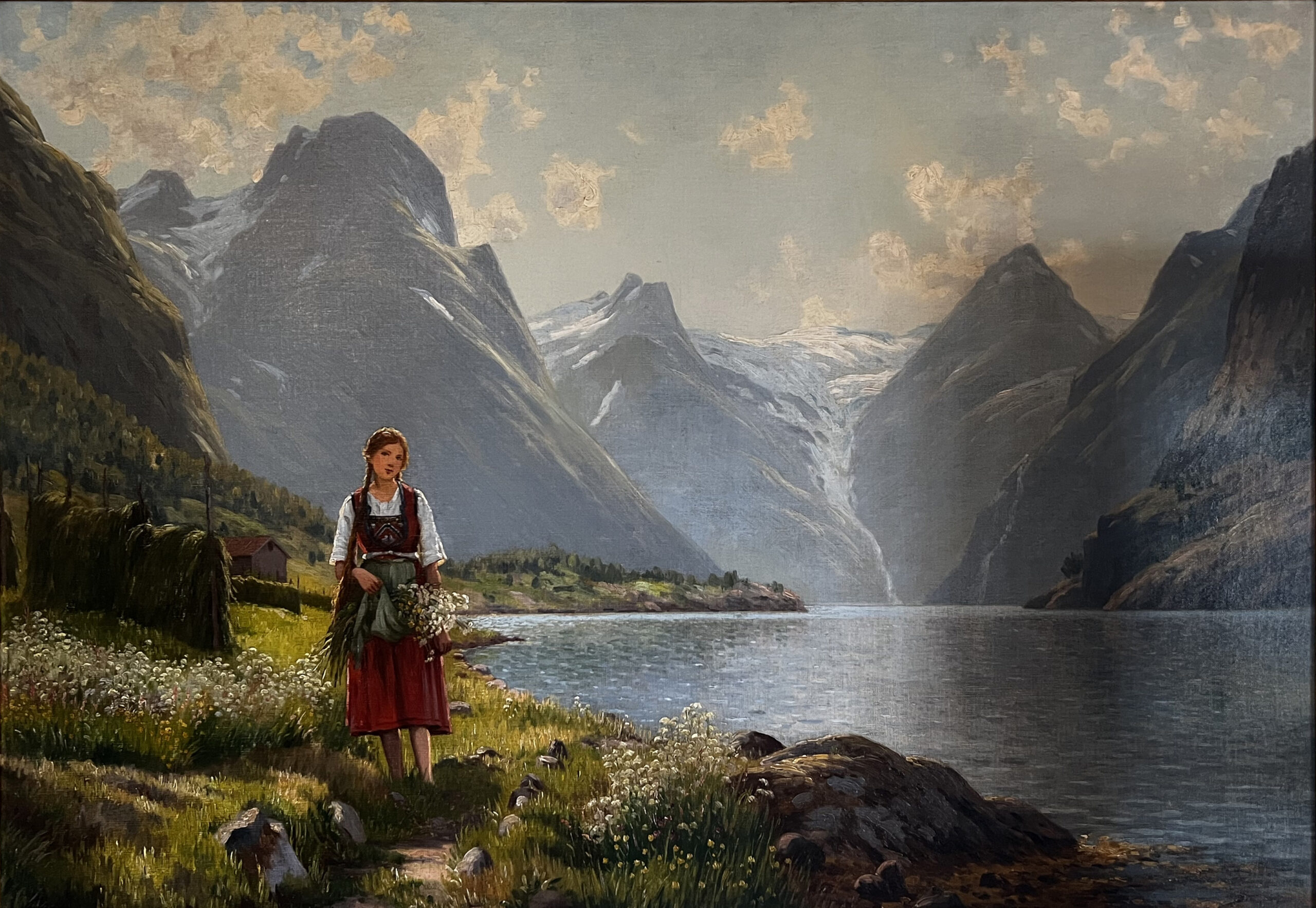 Hand-Painted European Landscape Oil Painting Traditional Girl by Alpine Mountain Lake Canvas Wall Art