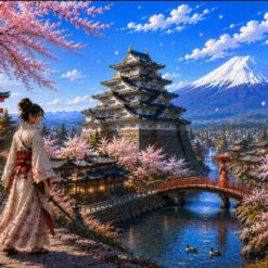 Hand-painted Japanese landscape oil painting featuring female samurai warriors, traditional castle, and Mt Fuji with cherry blossoms