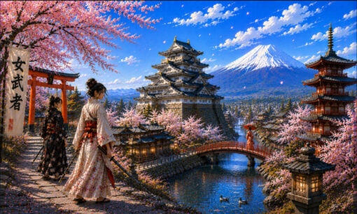 “Onna-Bugeisha” Japanese Castle & Mt. Fuji Cherry Blossom – Premium Custom Oil Painting (Hand-Painted Samurai Landscape)