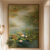 Large Hand-Painted Water Lilies Oil Painting on Canvas, Vintage Impressionist Water Lily Pond Wall Art, Muted Green Botanical Canvas Artwork 1 Hand-painted impressionist water lilies oil painting on vertical linen canvas hanging in a modern living room
