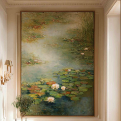 Hand-painted impressionist water lilies oil painting on vertical linen canvas hanging in a modern living room