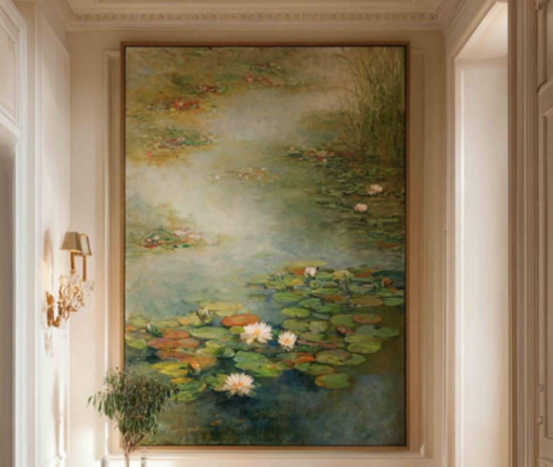 Large Hand-Painted Water Lilies Oil Painting on Canvas, Vintage Impressionist Water Lily Pond Wall Art, Muted Green Botanical Canvas Artwork