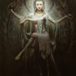 100% – Handgemaltes Ölgemälde auf Leinwand, das die Bodhisattva Guan Yin aus Dunhuang mit einem gelassenen Gesichtsausdruck und einem goldenen Heiligenschein darstellt