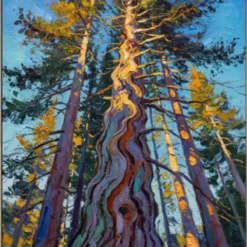 Hand-painted impasto oil painting of towering pine trees from a low-angle perspective with vibrant foliage and heavy texture