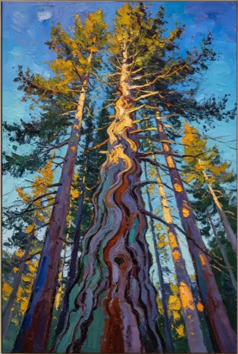 Majestic Impasto Pine Forest Oil Painting – Dynamic Low-Angle Landscape Canvas Art