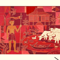 Image Alt Text: Hand-painted red Southeast Asian batik style oil painting depicting village life with water buffaloes and tiger