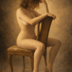 Hand-painted female nude oil painting with a seated woman in warm golden-brown tones