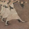 Léon Spilliaert - Blindfolded Dancers 1913 - Vintage Symbolist Canvas Wall Art 1 Peinture symboliste de Léon Spilliaert datant de 1913, représentant des danseuses aux yeux bandés, vêtues de robes claires, faisant des gestes en direction d'une mystérieuse silhouette sombre sur un fond brun texturé.