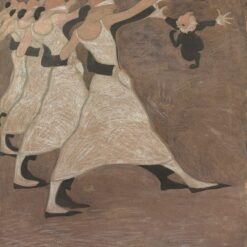 Léon Spilliaert 1913 symbolist painting featuring blindfolded dancers in pale dresses gesturing toward a mysterious dark figure on a brown textured background.