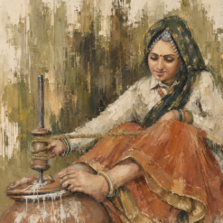 Hand-painted impasto oil painting of Indian woman churning butter on canvas