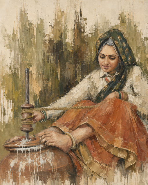 Indian Woman Churning Butter Hand-Painted Impasto Oil Painting | Cultural Palette Knife Canvas Art