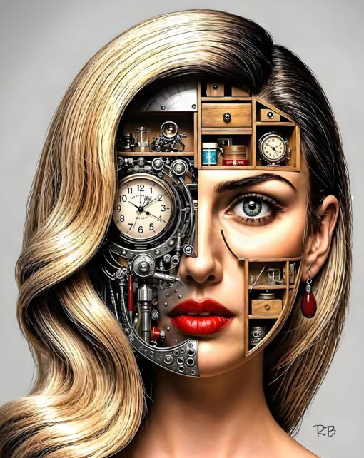 Hand-Painted Surrealist Mechanical Woman Oil Painting – Vintage Clockwork & Steampunk Canvas Wall Art (Dafen Studio Masterpiece)