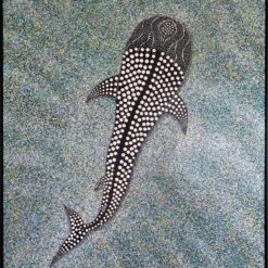 Hand-painted whale shark pointillism oil painting on heavy-duty linen canvas with blue and sand dot background