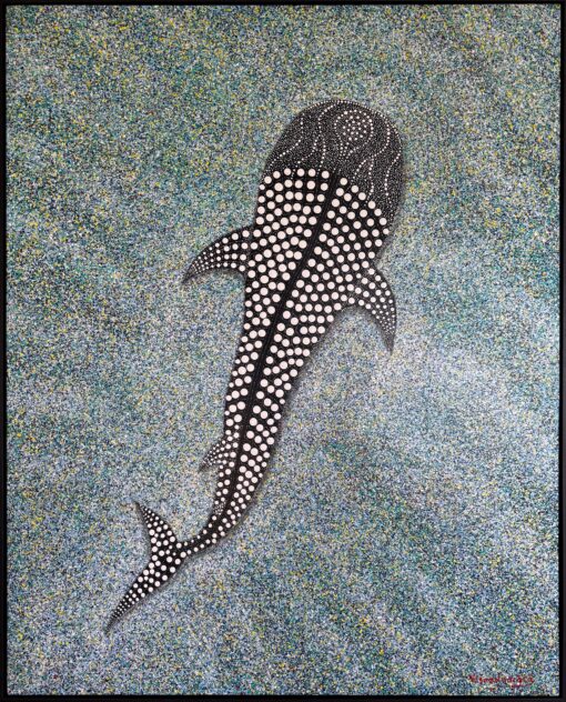 Hand-Painted Whale Shark Pointillism Oil Painting – Aboriginal Style Marine Canvas Wall Art