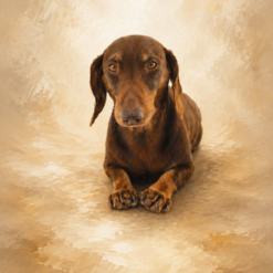 Portrait personnalisé peint à la main à l'huile représentant un teckel à poil lisse de couleur marron, sur une toile texturée aux tons neutres et chaleureux