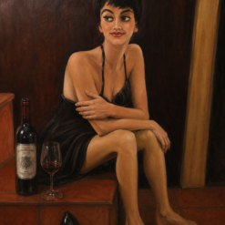 Hand-painted oil painting of an elegant brunette woman sitting on steps with a bottle of Pomerol red wine and glass.