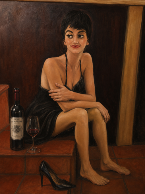 Hand-Painted Woman with Red Wine Oil Painting – Modern Figurative Wall Art on Canvas