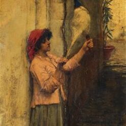 Reproduction peinte à la main à l'huile de l'œuvre « Une fileuse de lin napolitaine » (1877) de John William Waterhouse