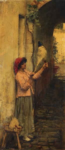 « Une fileuse de lin napolitaine » (1877) de John William Waterhouse – Reproduction d'une peinture à l'huile peinte à la main