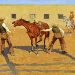 Hand-painted oil reproduction of Frederic Remington's Western horse training painting His First Lesson on landscape canvas
