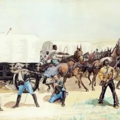 Hand-painted oil reproduction of Frederic Remington's Western action painting Attack On The Supply Train on landscape canvas
