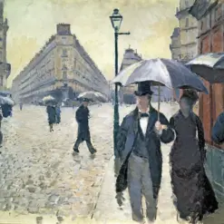 Hand-painted oil painting reproduction of Gustave Caillebotte Rue De Paris Jour De Pluie étude showing rainy Paris street sketch