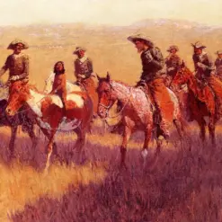 Hand-painted oil reproduction of Frederic Remington's Western narrative painting An Assault On His Dignity on landscape canvas