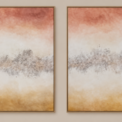 Set of 2 modern abstract framed canvas wall art featuring warm terracotta rust and ochre tones on beige wall