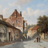 Hand-Painted Oil Painting Replica: Figures with a Dog in a Village Street by Adrianus Eversen (Dafen Artist Studio) 1 Réplica pintada a mano al óleo de la obra «Figuras con un perro en una calle de pueblo», de Adrianus Eversen; paisaje urbano rural holandés del siglo XIX pintado al óleo por los artistas de Dafen Studio.