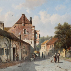 Hand painted oil painting replica of Figures with a dog in a village street by Adrianus Eversen, Dutch 19th century village streetscape oil art by Dafen Studio artists