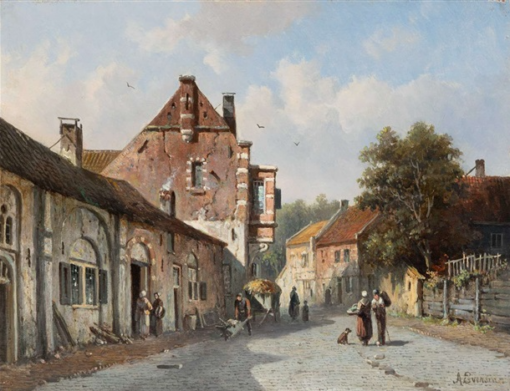 Réplica de un cuadro al óleo pintado a mano: «Figuras con un perro en una calle del pueblo», de Adrianus Eversen (Estudio de Artistas de Dafen)