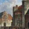 Hand painted oil painting replica of Dutch cityscape with a vegetable market in the shade by Adrianus Eversen, Dutch 19th century market scene oil art by Dafen Studio artists